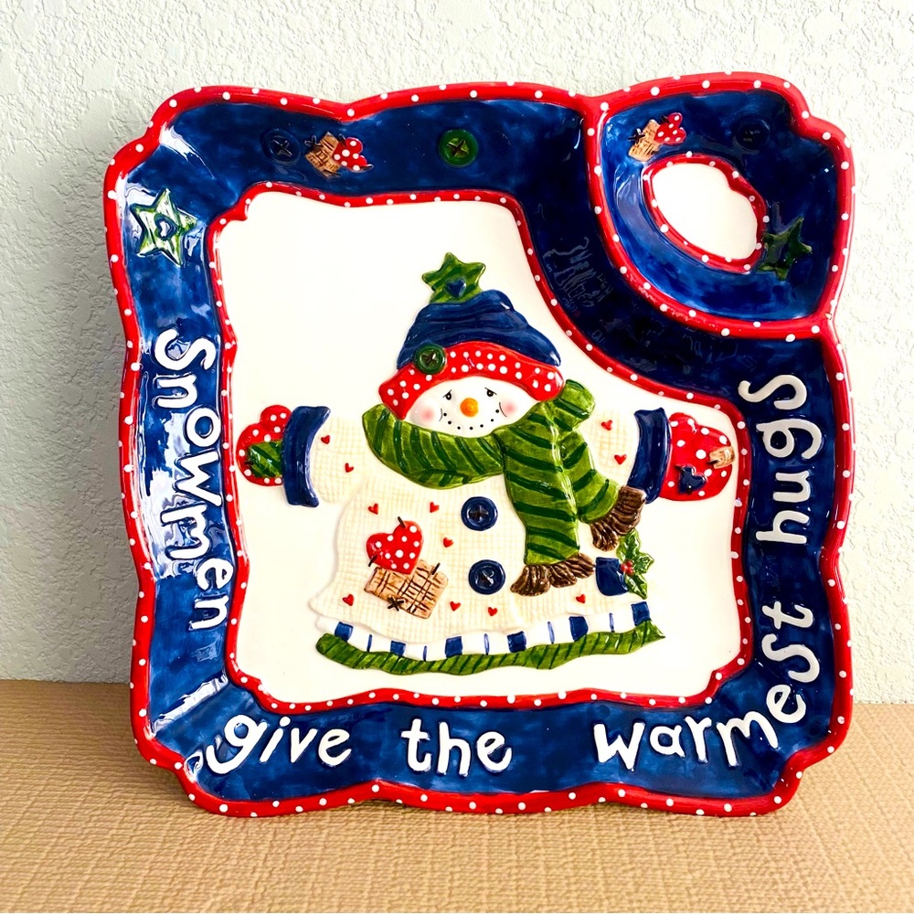 Vintage holiday ceramic chip & dip platter, “Snowmen Give the Warmest Hugs”